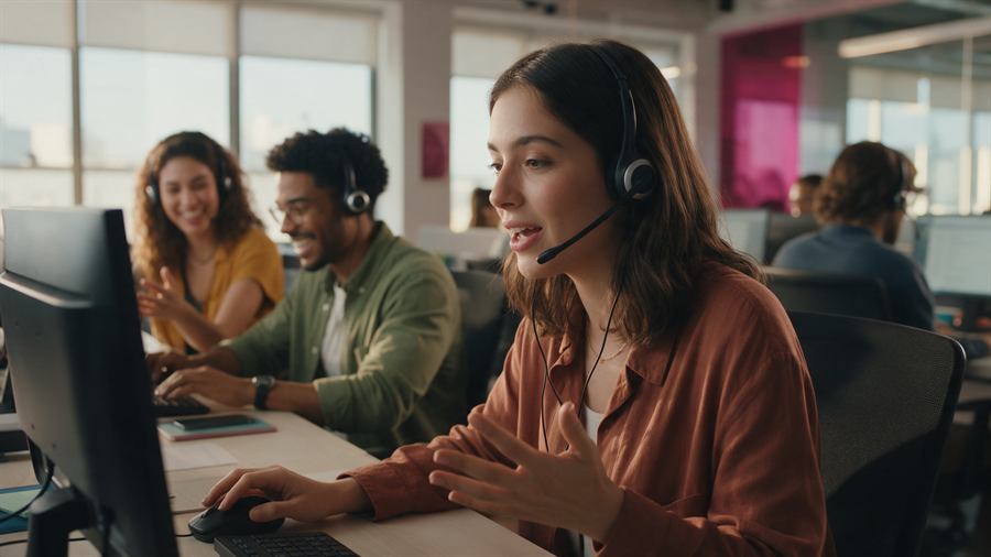 Central de atendimento com profissionais usando headsets
