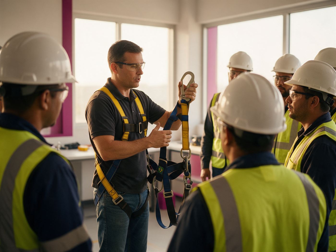 Instrutor demonstra cinto de segurança para trabalho em altura