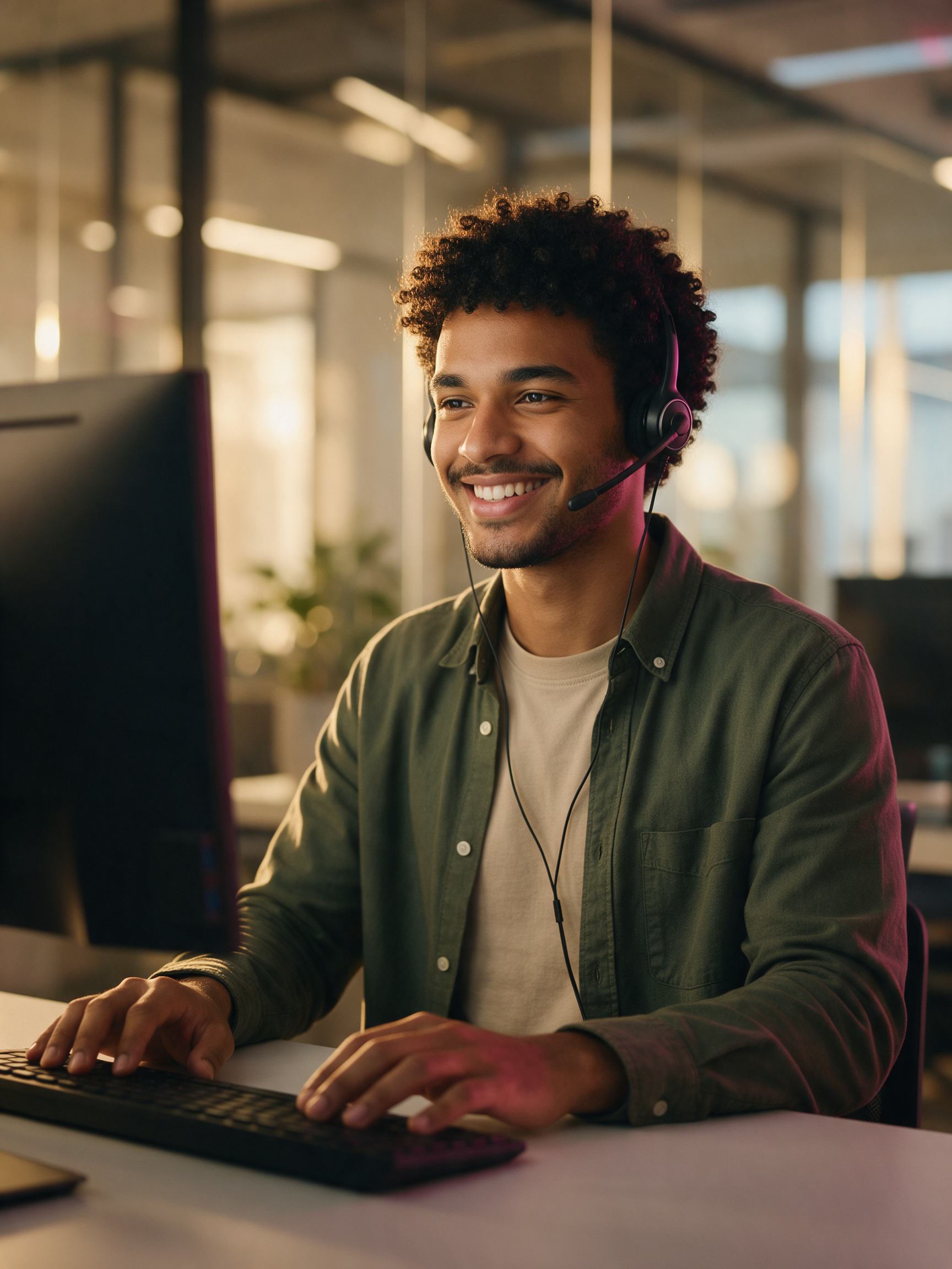 Especialista de suporte sorrindo com headset